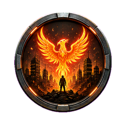 Afterfront Legend achievement badge with a fiery phoenix above a ruined city