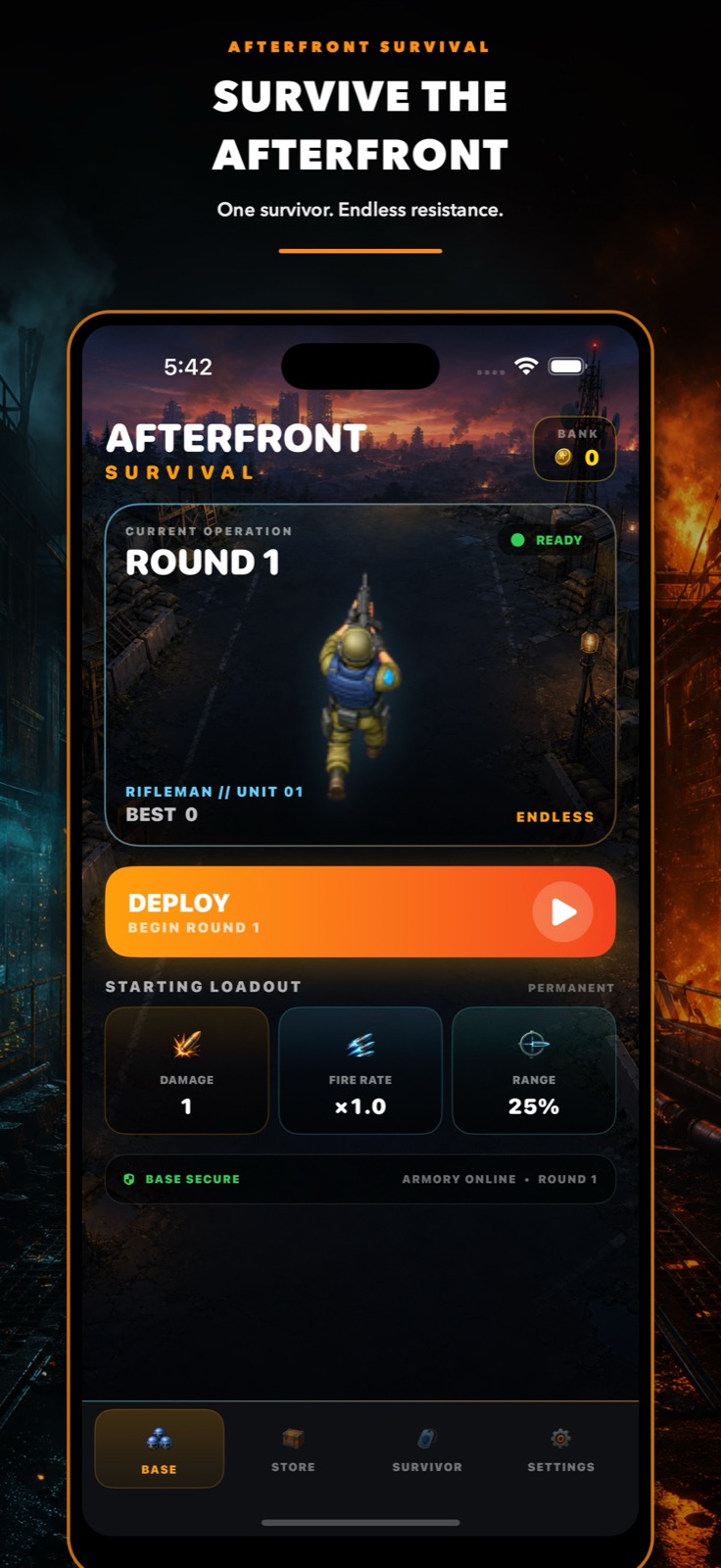 Afterfront Survival home screen showing the survivor, current round, permanent stats, and deployment controls