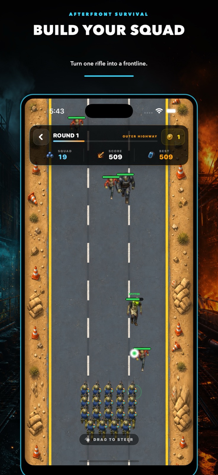 A large survivor squad advancing and firing down a highway at incoming infected enemies