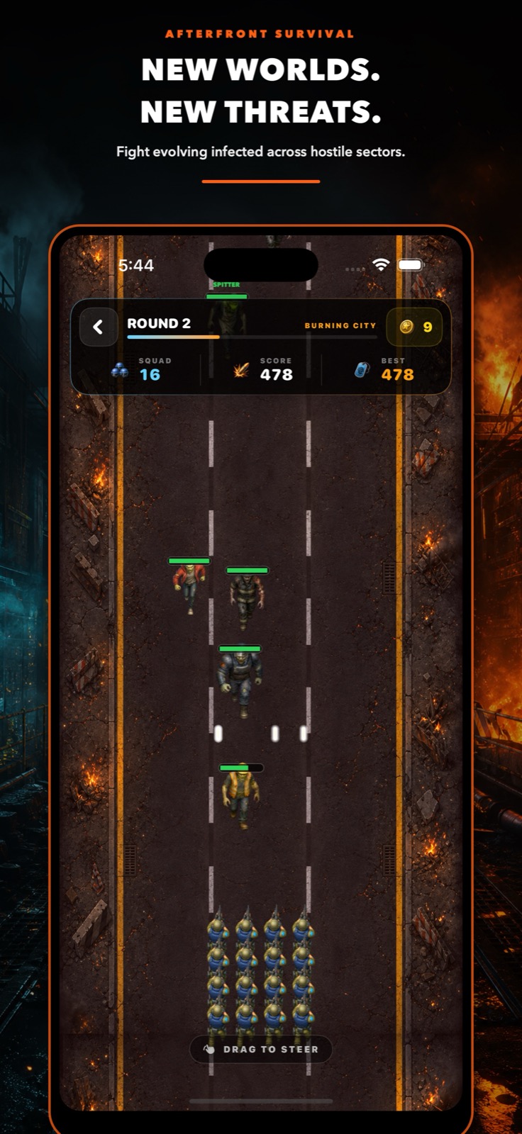 Afterfront Survival combat in a burning city sector with several varieties of infected enemies