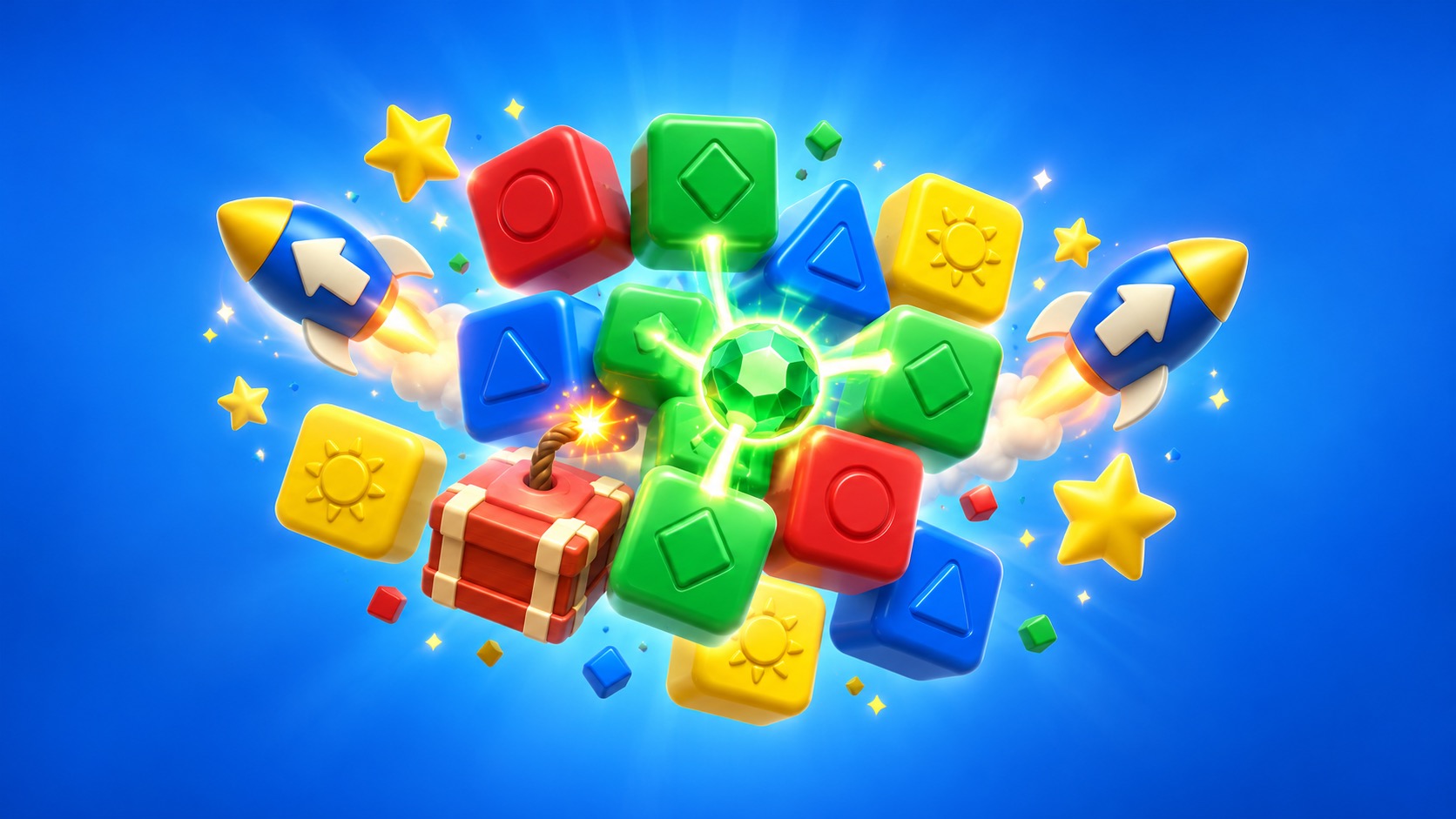 Glossy colorful blocks, outward-firing rockets, TNT and a Color Spark connecting green blocks