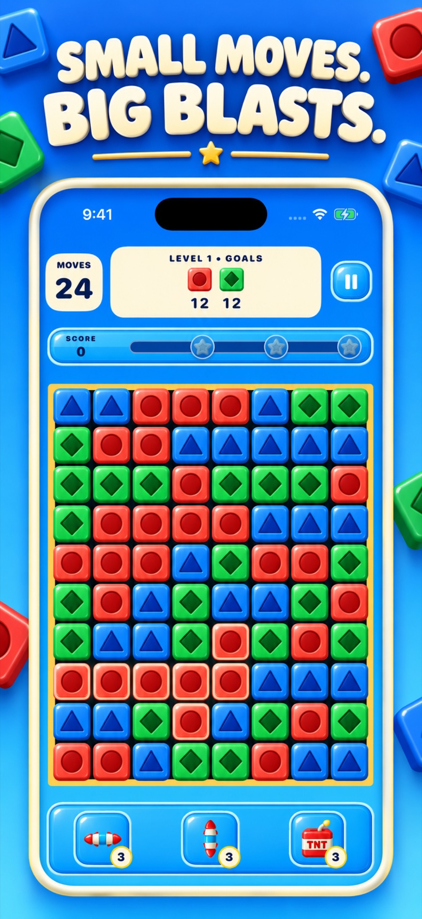 Crumblox gameplay with matching colored blocks, goals, moves and the booster tray