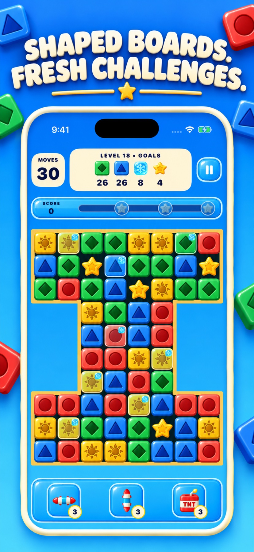A shaped board with ice and collectible gold stars