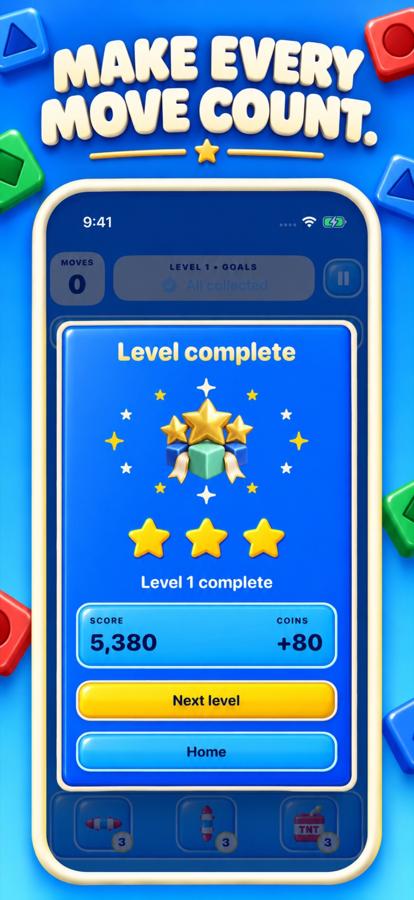 Level completion with earned stars, final score and coin rewards