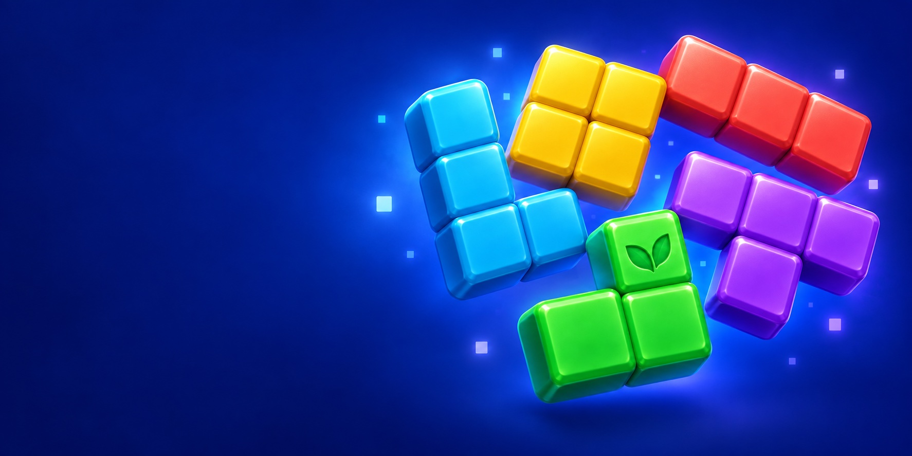 Colorful glossy puzzle shapes floating against a deep blue background.