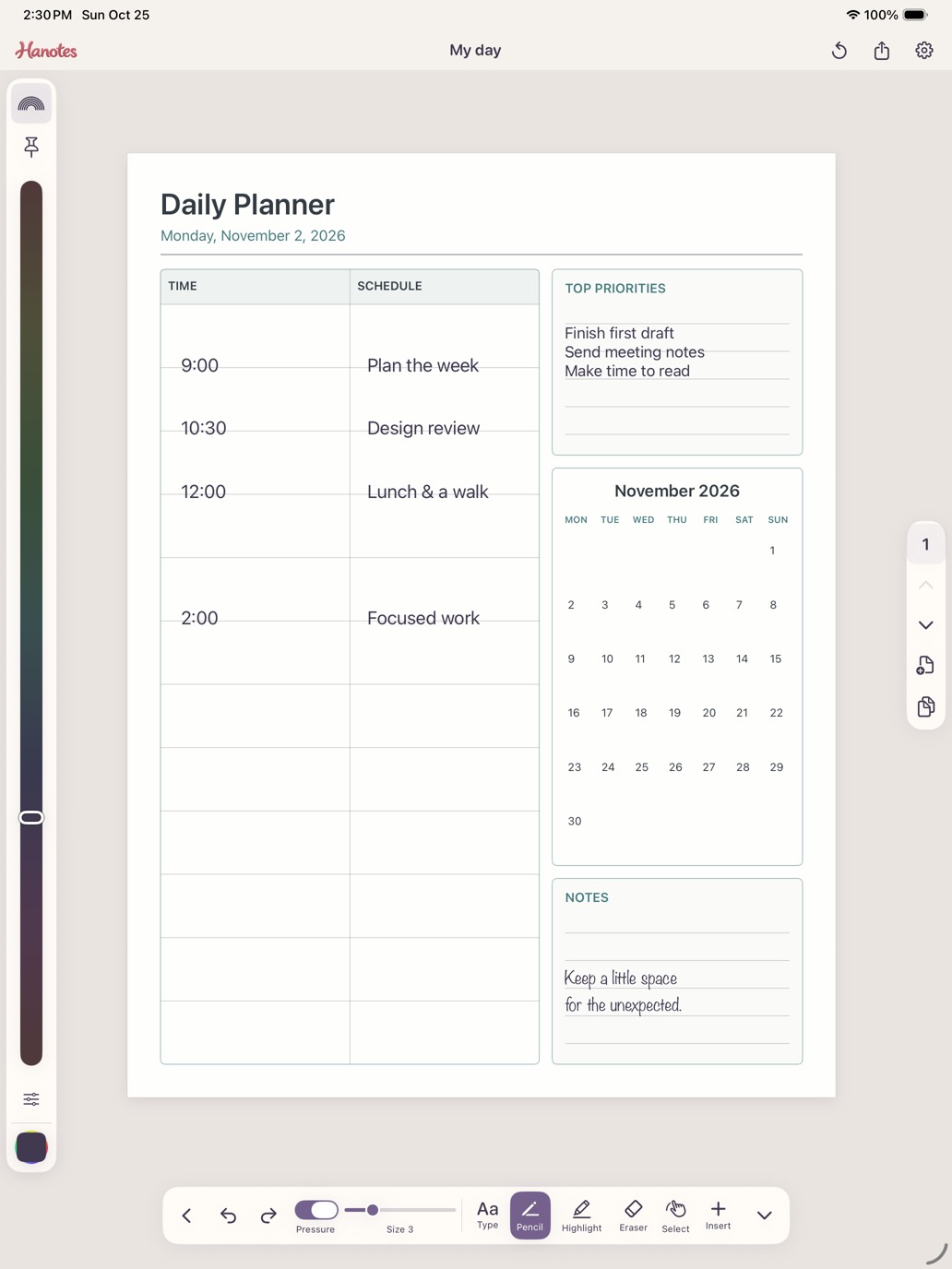 A daily planner with appointments, priorities and notes