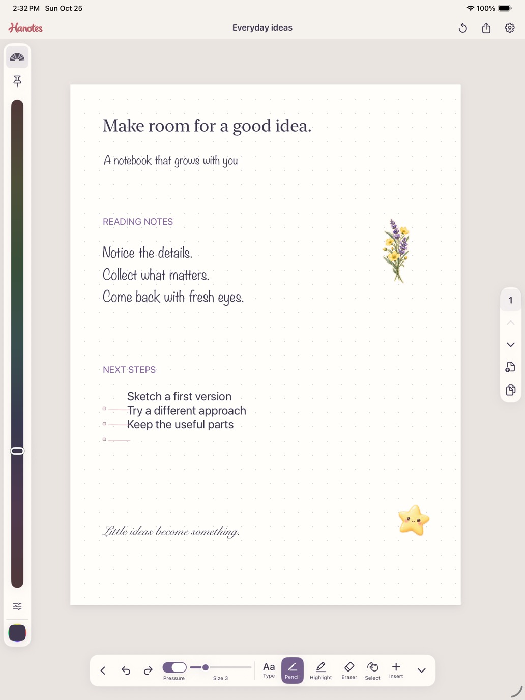 A dotted note page with different fonts and flower stickers