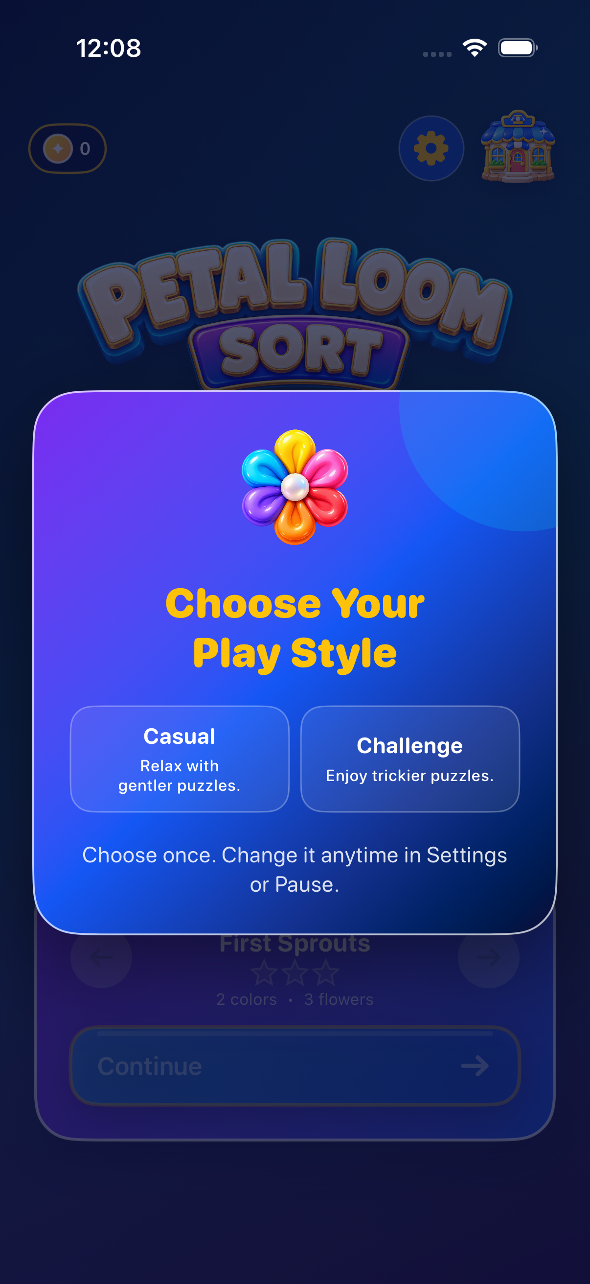 First-launch popup for choosing Casual or Challenge; neither selected