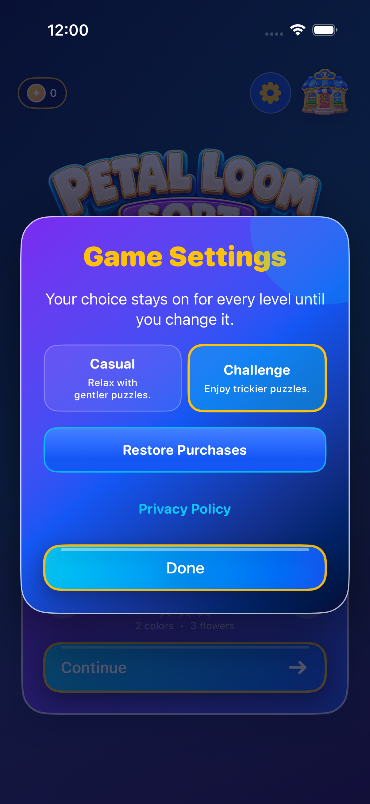 Game Settings with mode selection, Restore Purchases and Privacy Policy