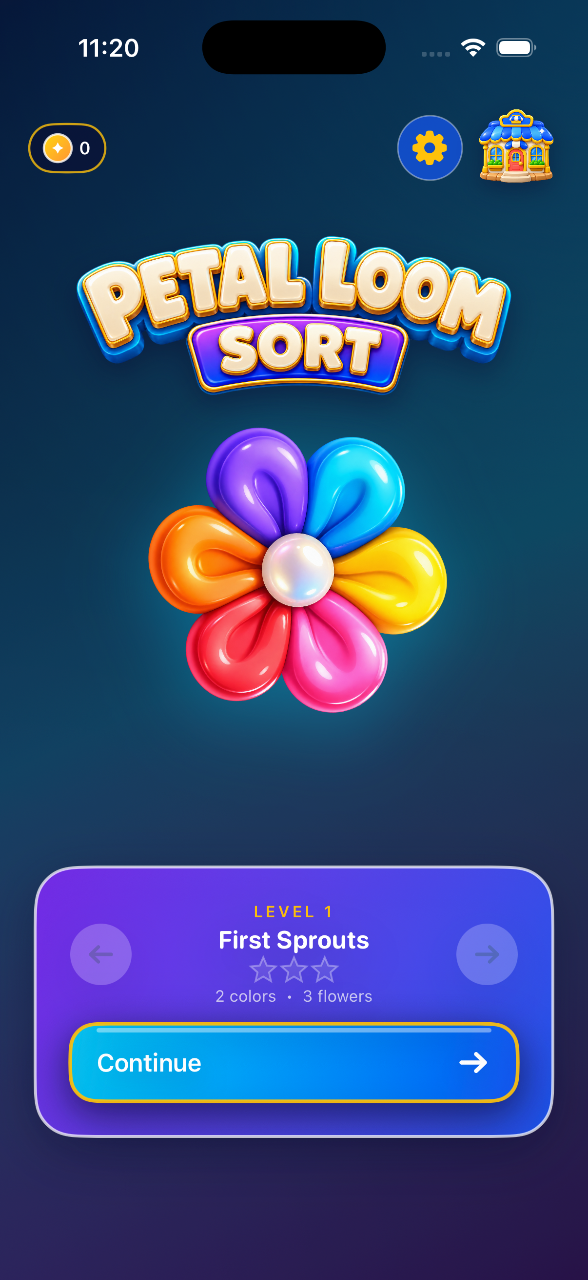 Petal Loom Sort Home with a Continue button