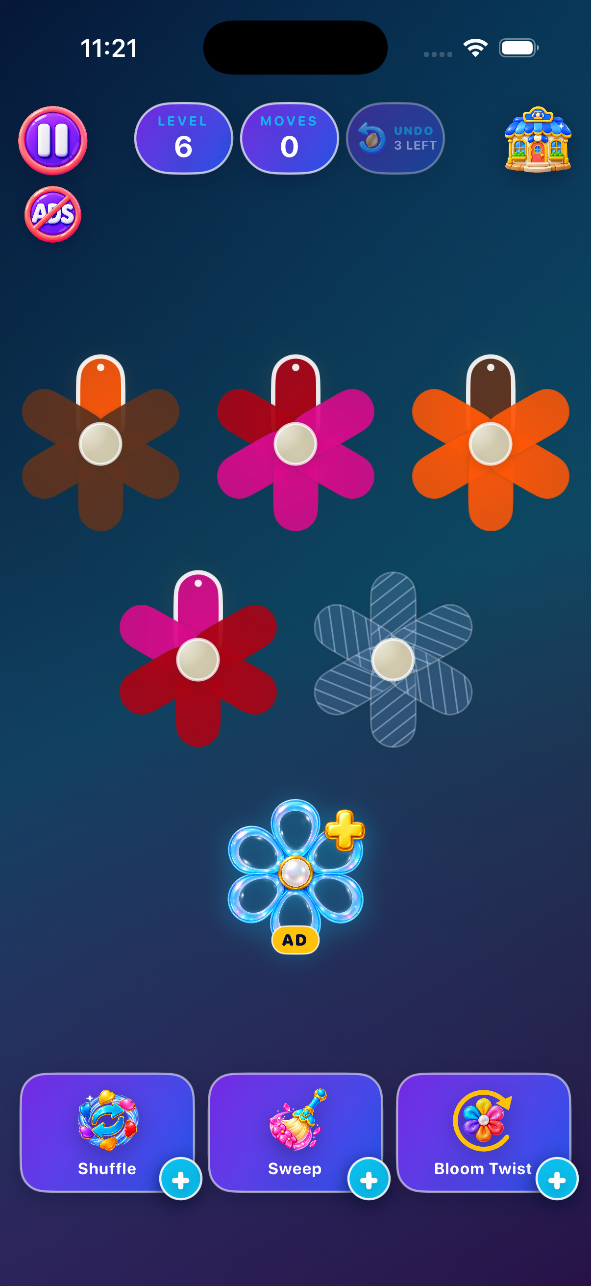 Casual level 6 with lined empty slots, an ad flower and the Bloom Twist toolbar