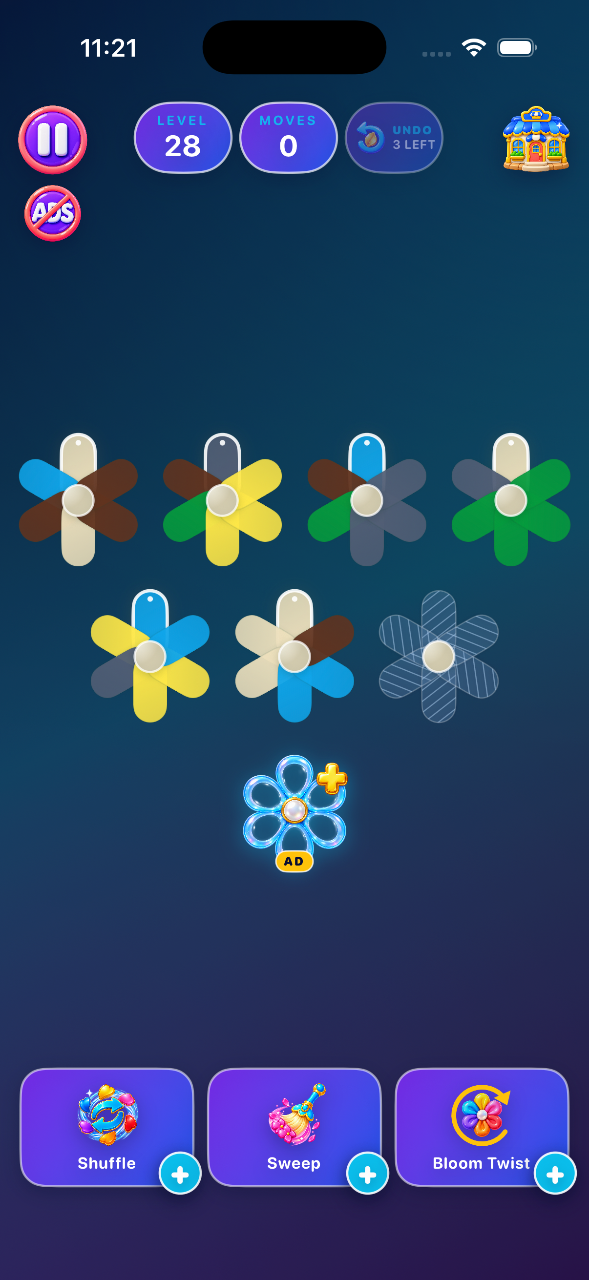 Challenge level 28 with a larger mixed-color board and the current power-up toolbar