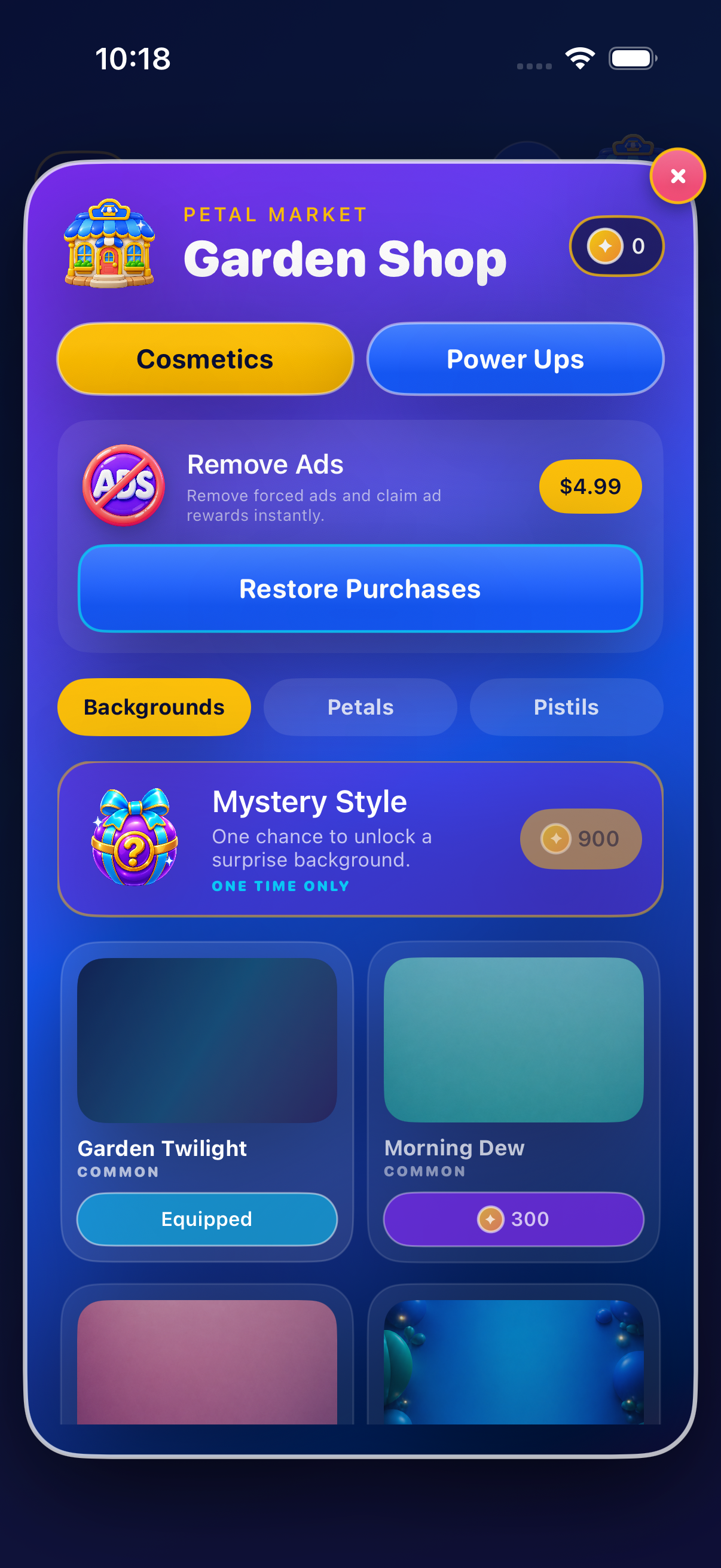 Garden Shop with Remove Ads, Restore Purchases, Mystery Style and background choices