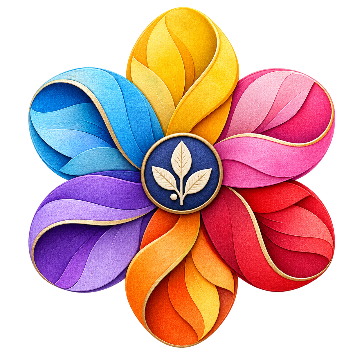 A flower made from six colorful woven petals