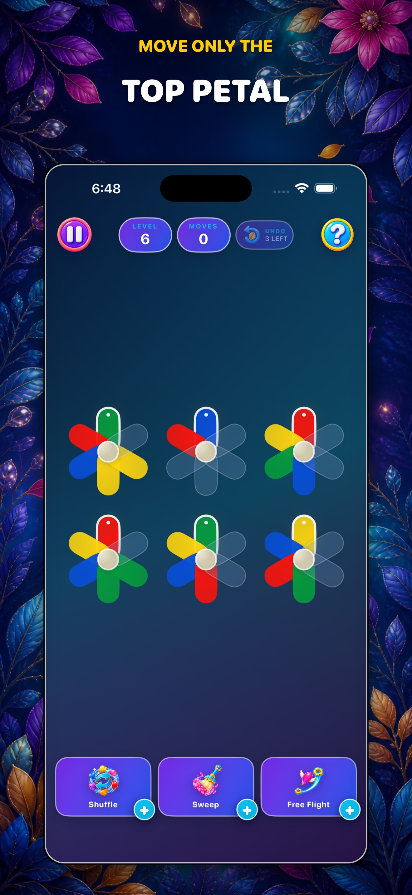 Move only the top petal in a colorful Petal Loom Sort puzzle